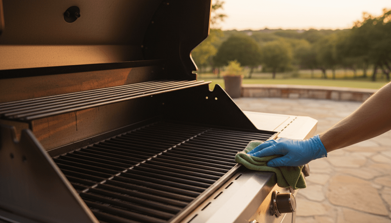 Professional grill cleaning technician polishing a stainless steel barbecue grill on a residential patio in Amarillo