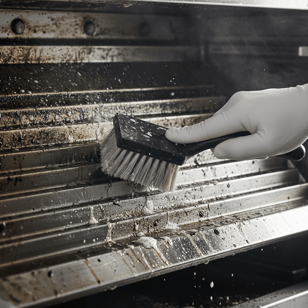 Close-up of gloved hand scrubbing oven interior with specialized brush, removing burnt residue and degreasing buildup