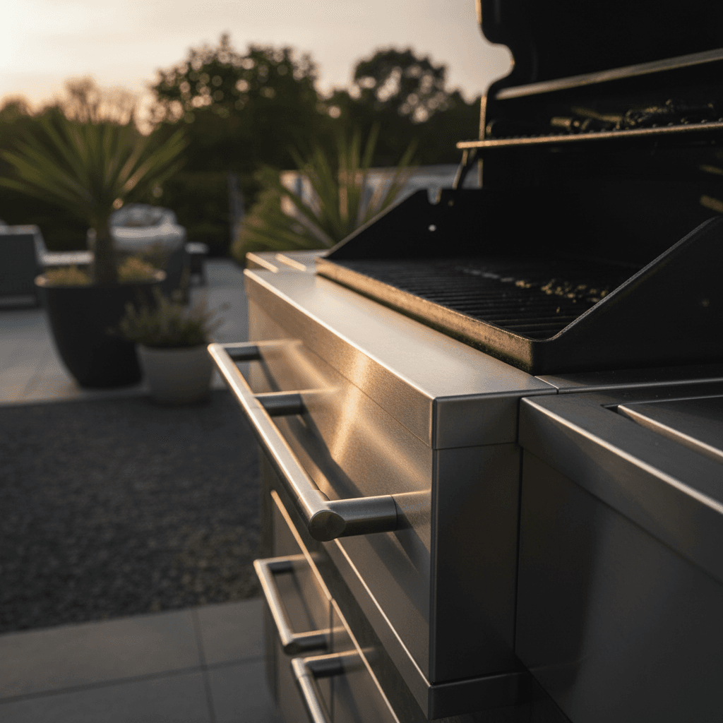 Close-up of premium stainless steel grill front showing brushed metal texture, welded seams, and minimalist handle design in golden hour light
